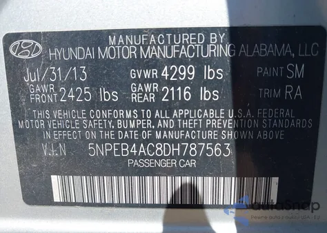2013 Hyundai Sonata Gls z USA, uszkodzony, nr VIN 5NPEB4AC8DH787563